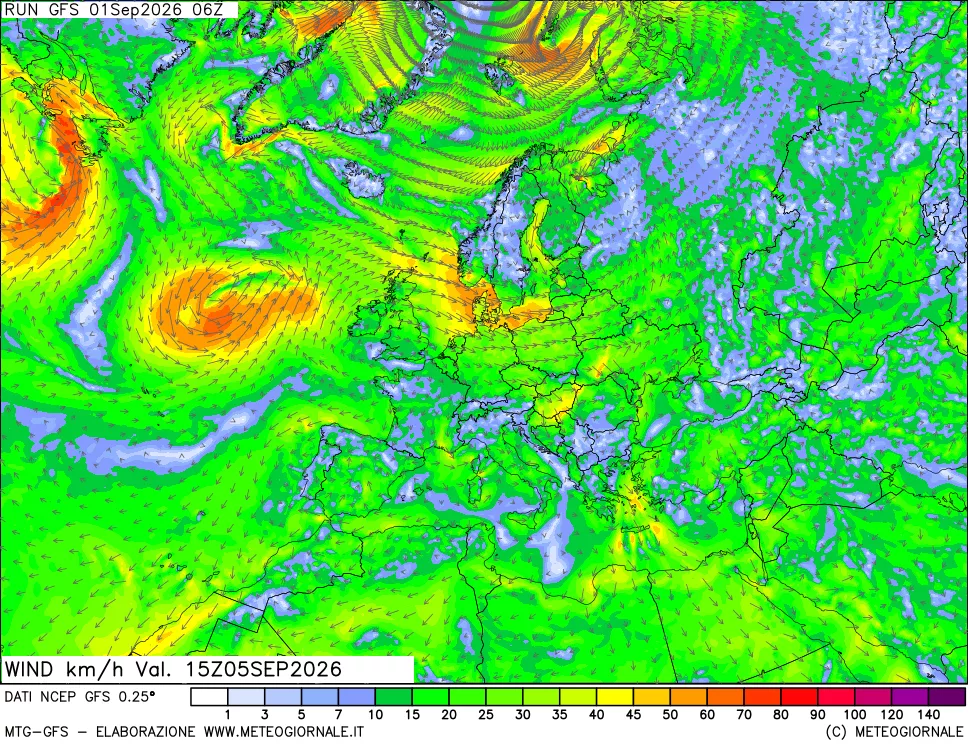 mappa 10 m Vento forza e direzione