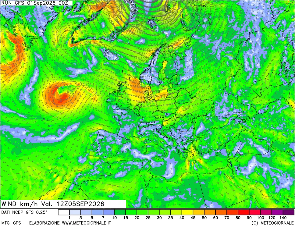 mappa 10 m Vento forza e direzione