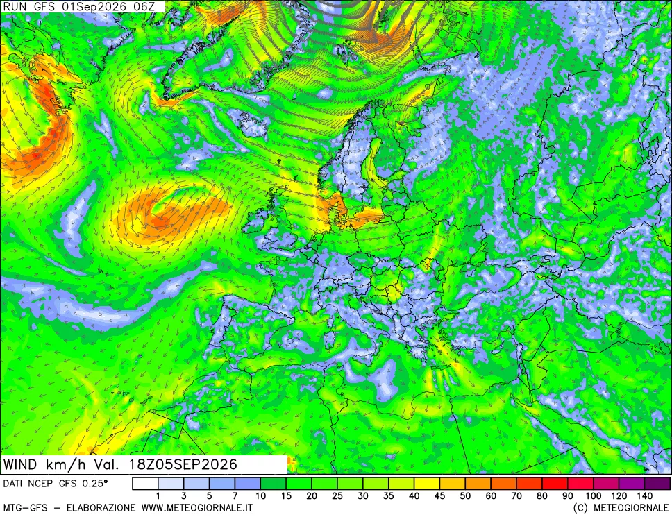 mappa 10 m Vento forza e direzione