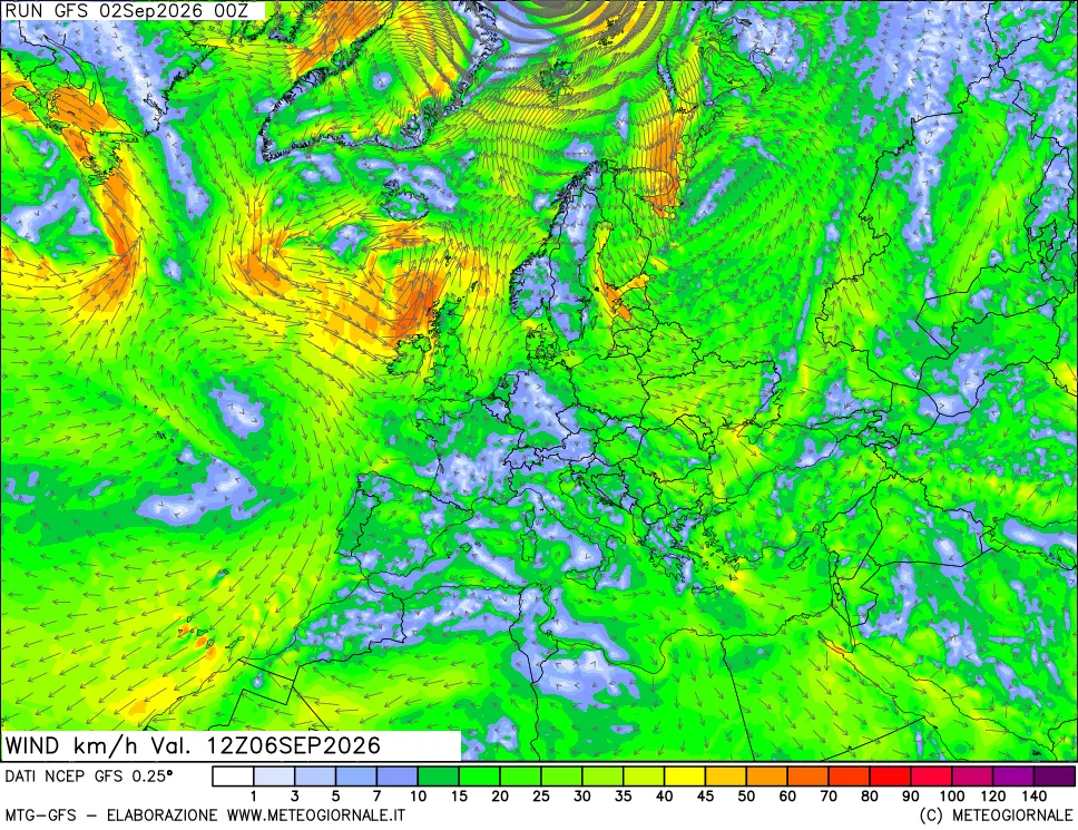 mappa 10 m Vento forza e direzione
