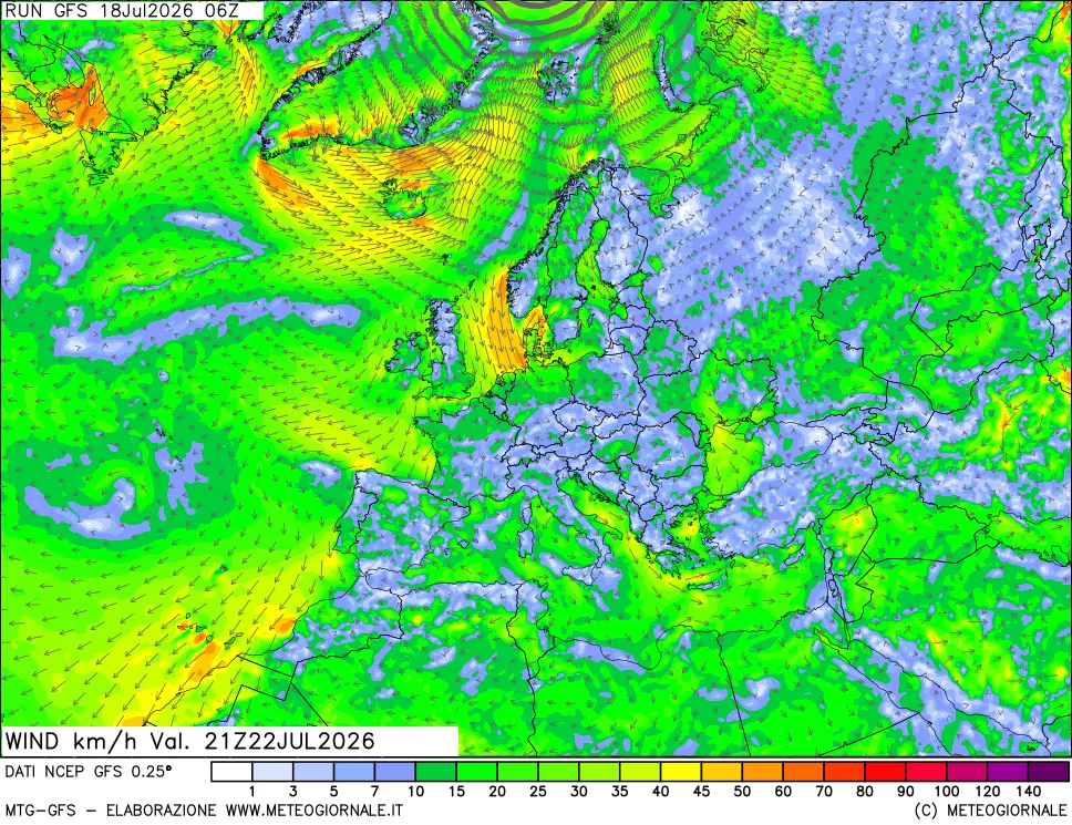 mappa 10 m Vento forza e direzione