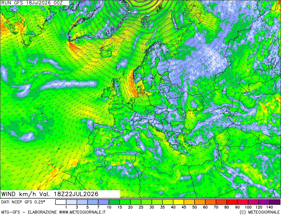 mappa 10 m Vento forza e direzione