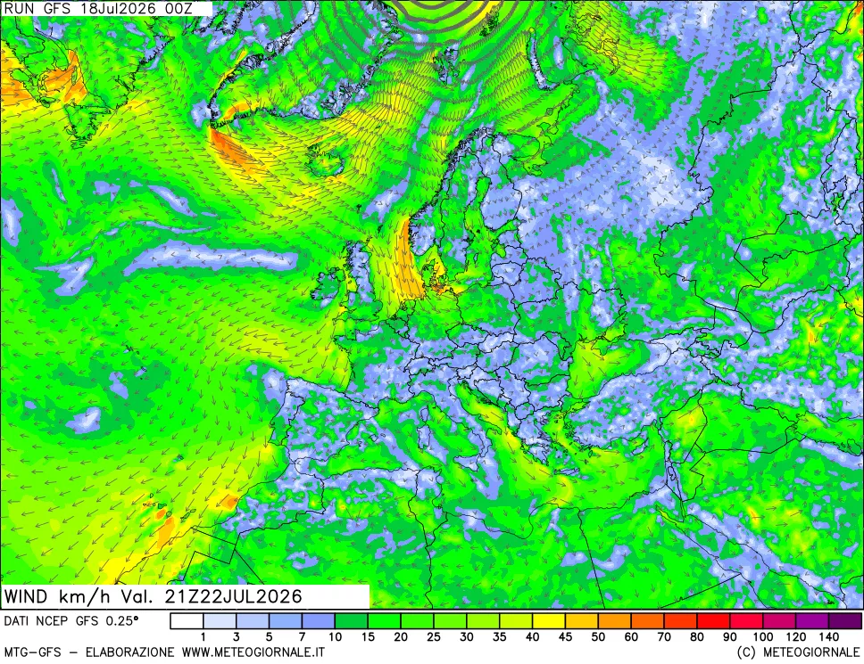 mappa 10 m Vento forza e direzione