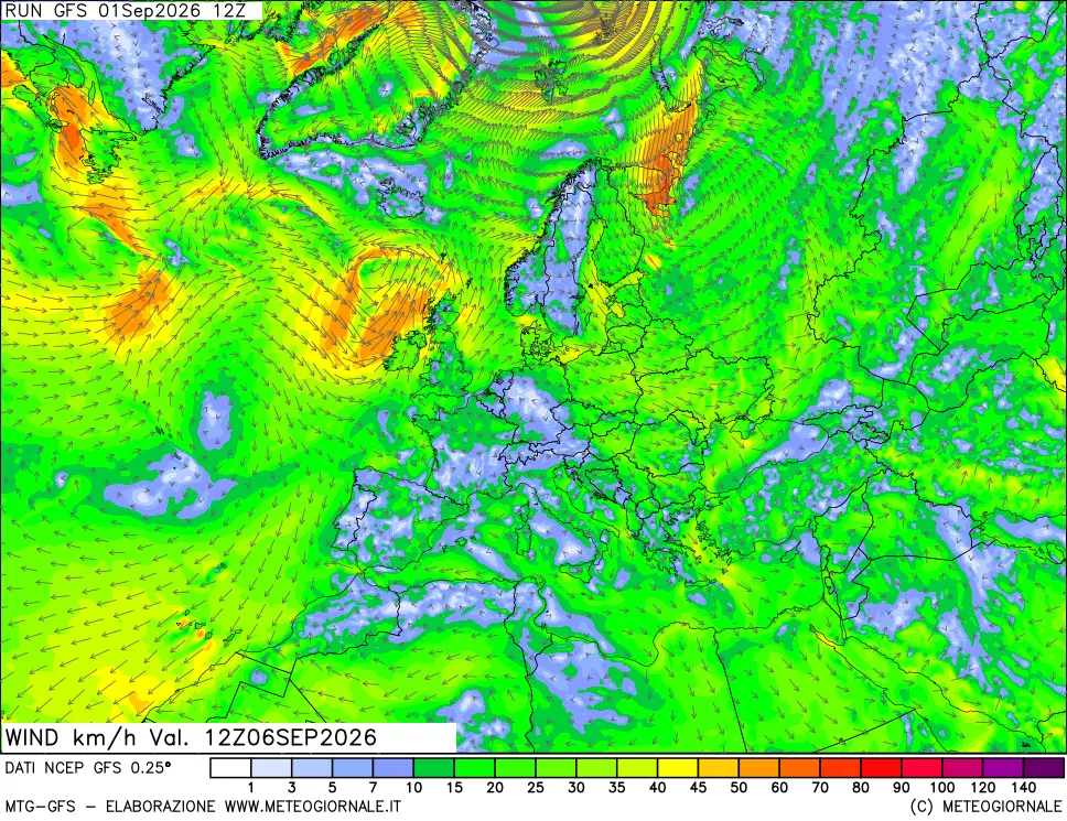 mappa 10 m Vento forza e direzione