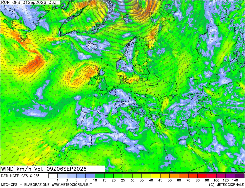 mappa 10 m Vento forza e direzione