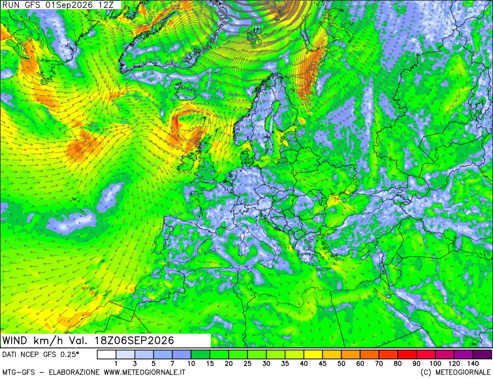 mappa 10 m Vento forza e direzione