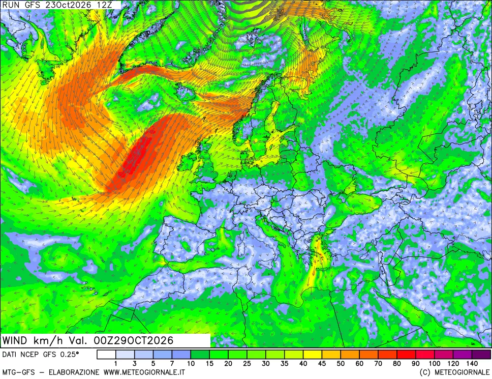 mappa 10 m Vento forza e direzione