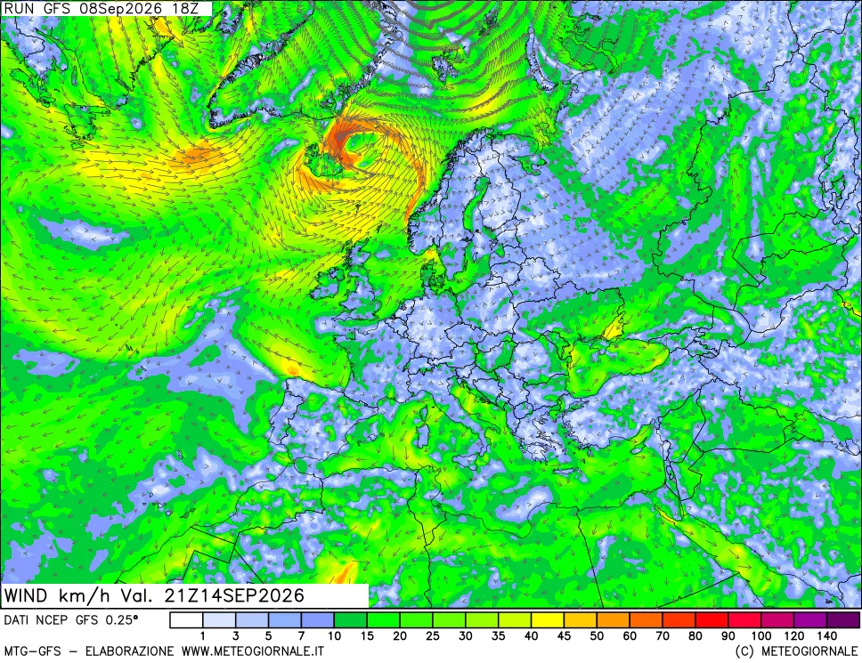mappa 10 m Vento forza e direzione