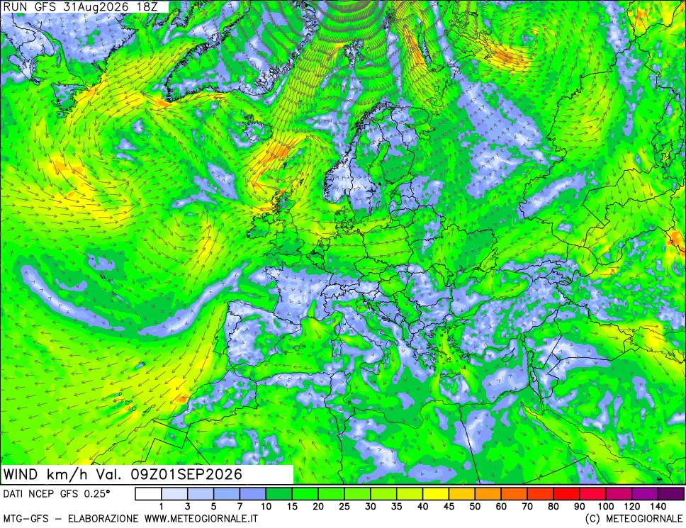 mappa 10 m Vento forza e direzione