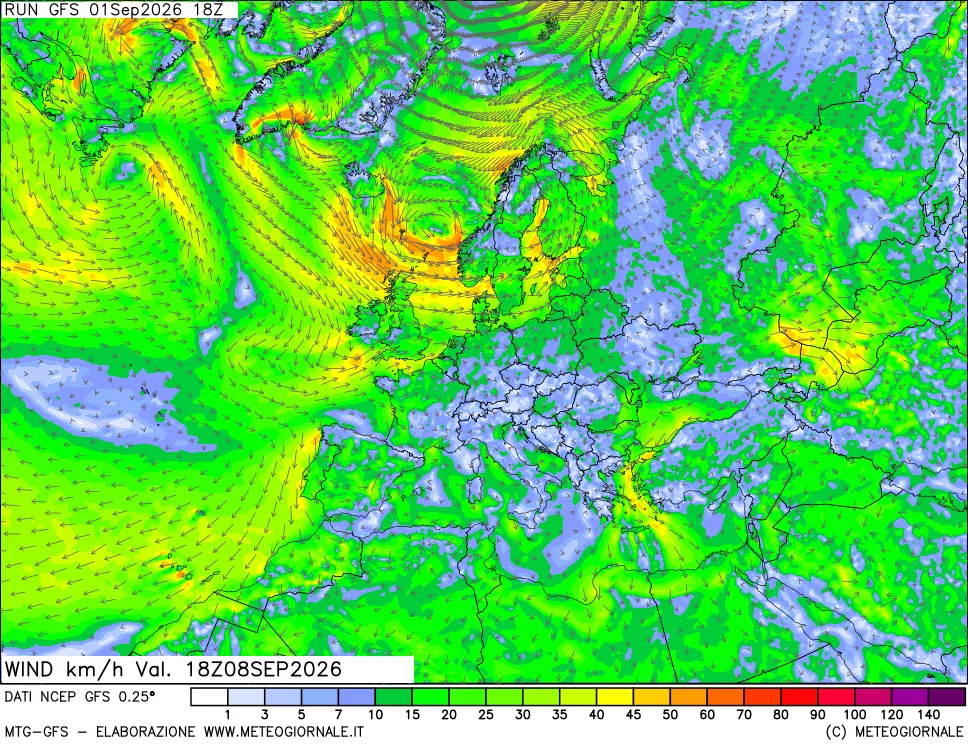 mappa 10 m Vento forza e direzione