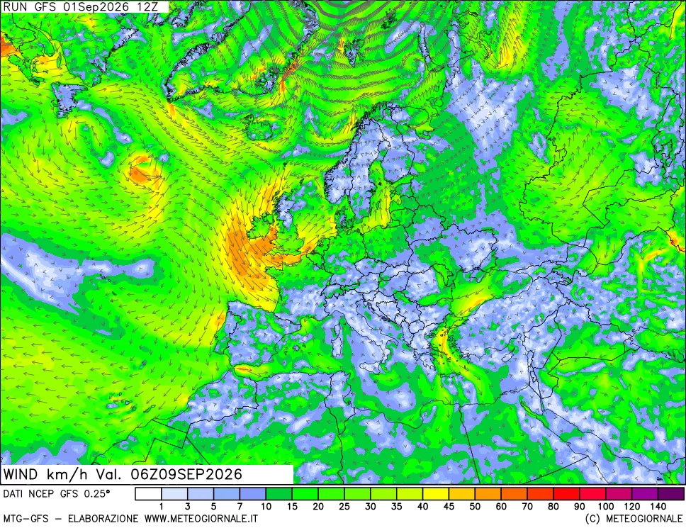 mappa 10 m Vento forza e direzione
