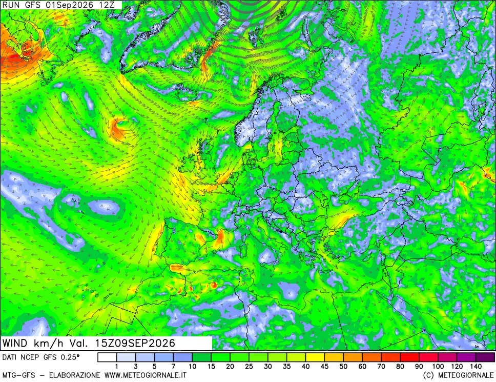 mappa 10 m Vento forza e direzione