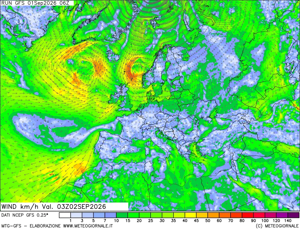 mappa 10 m Vento forza e direzione