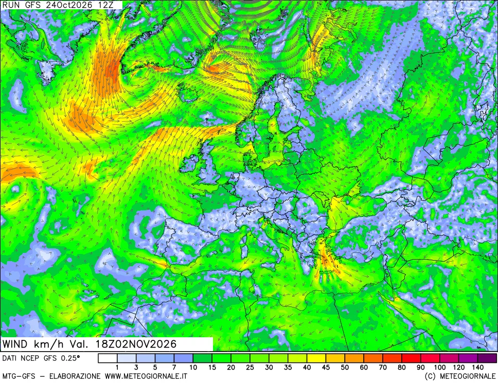 mappa 10 m Vento forza e direzione