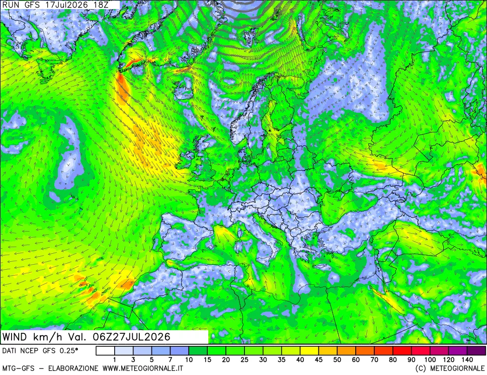 mappa 10 m Vento forza e direzione