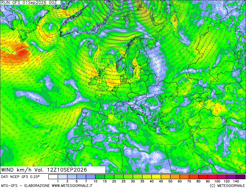 mappa 10 m Vento forza e direzione