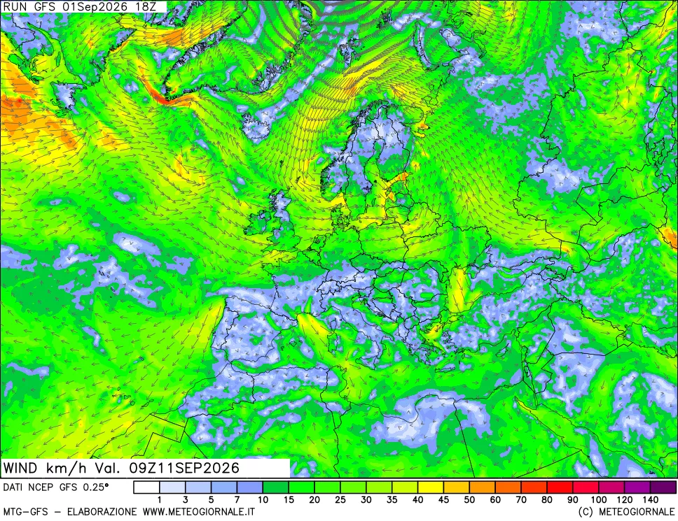 mappa 10 m Vento forza e direzione
