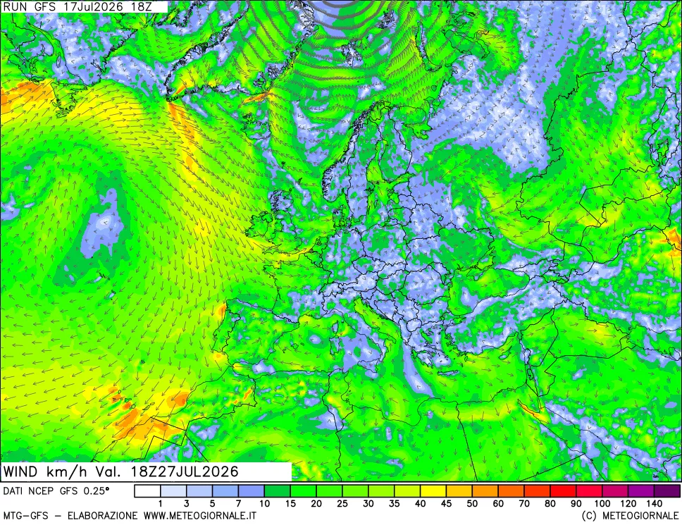 mappa 10 m Vento forza e direzione