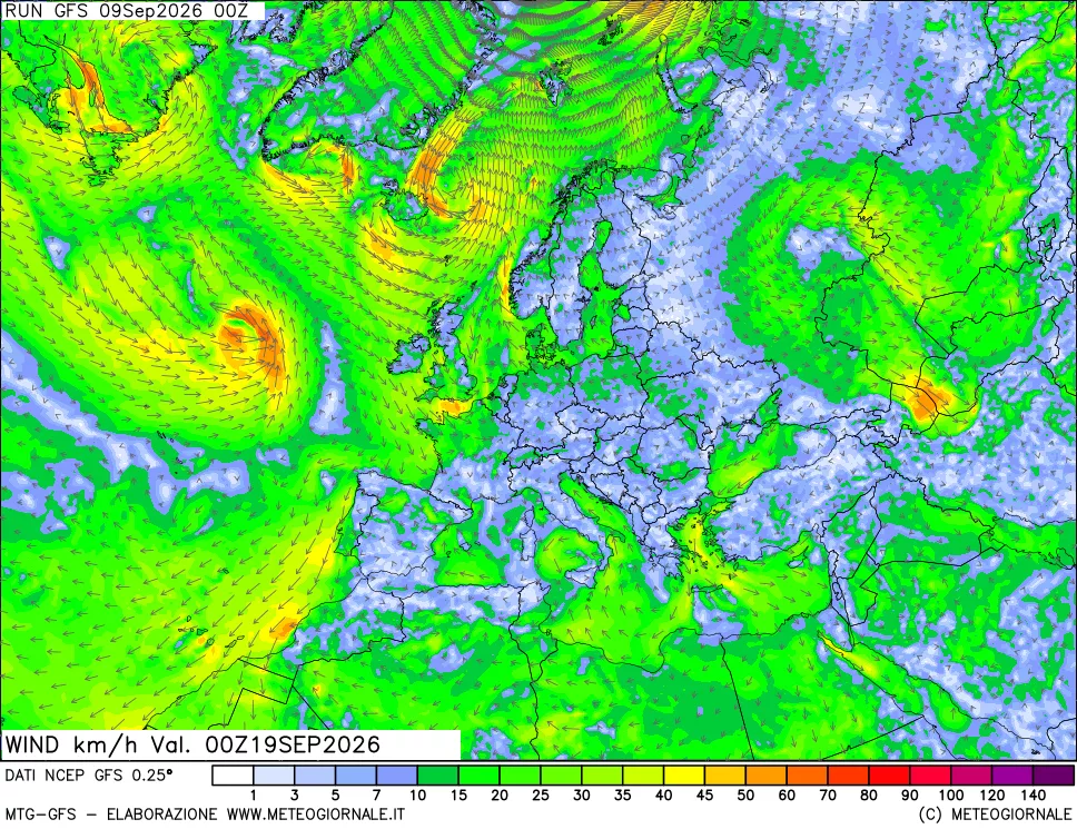 mappa 10 m Vento forza e direzione