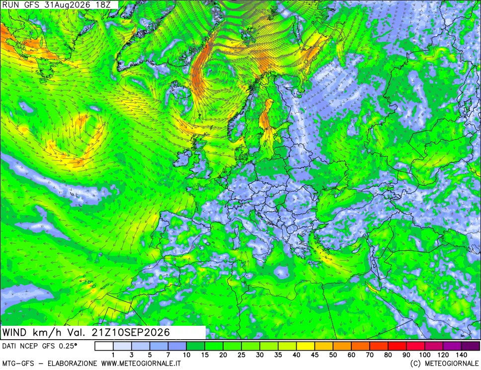 mappa 10 m Vento forza e direzione