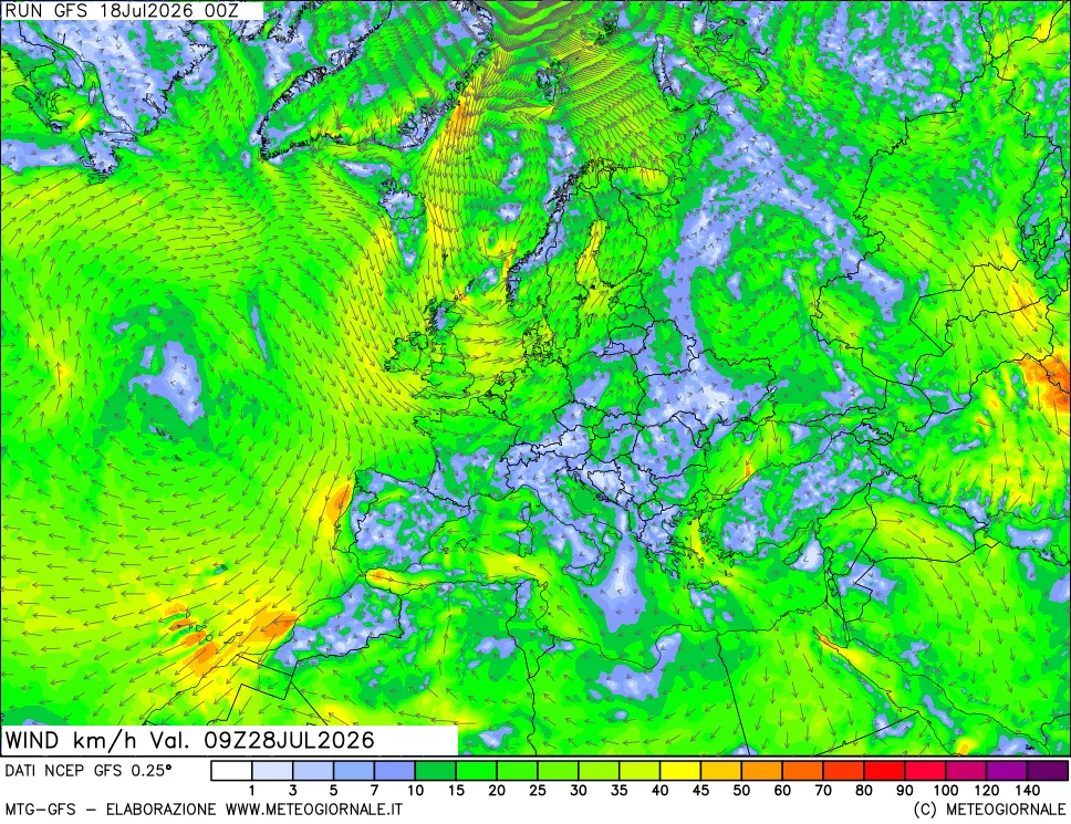 mappa 10 m Vento forza e direzione