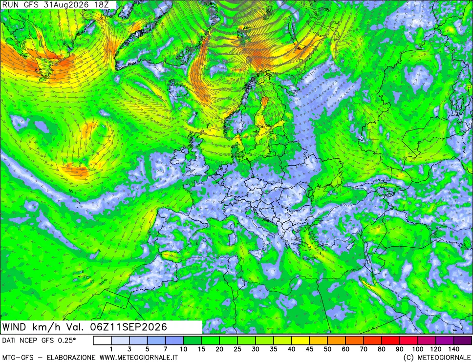 mappa 10 m Vento forza e direzione