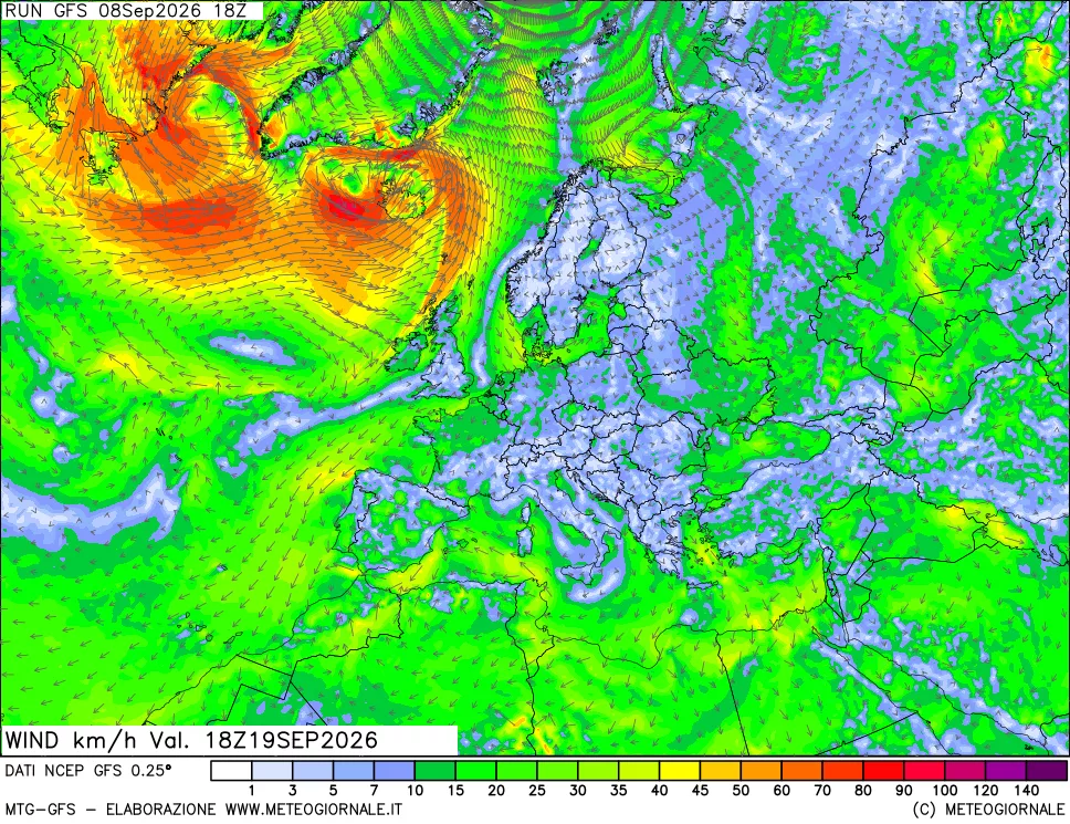 mappa 10 m Vento forza e direzione