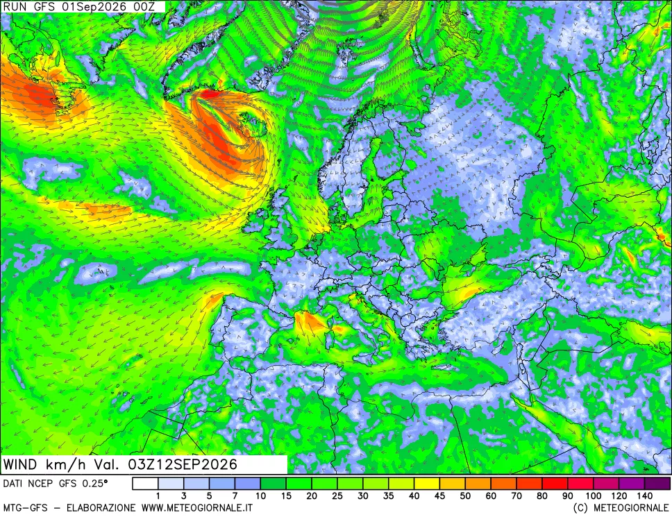 mappa 10 m Vento forza e direzione