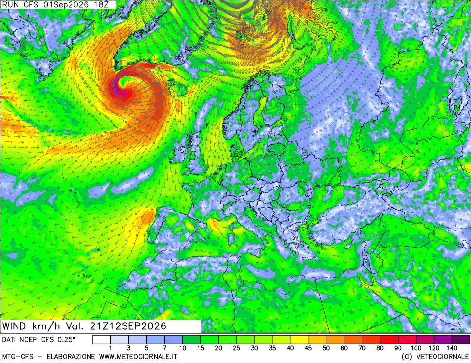 mappa 10 m Vento forza e direzione