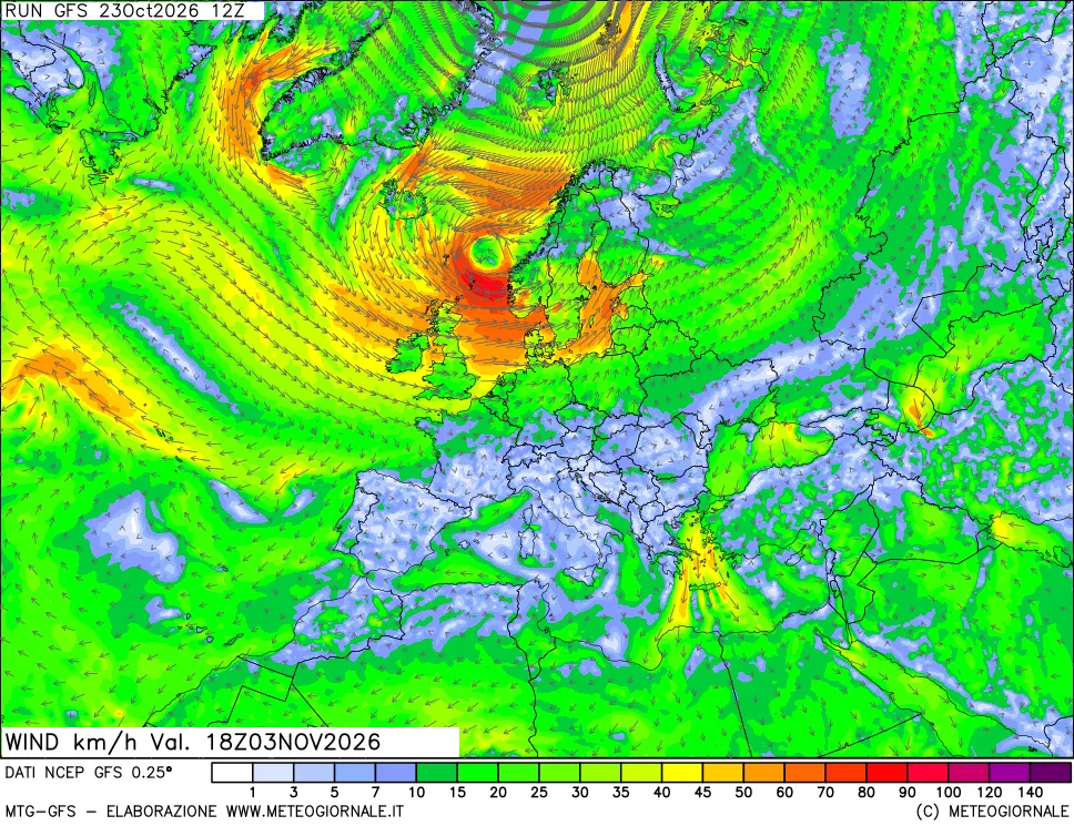 mappa 10 m Vento forza e direzione