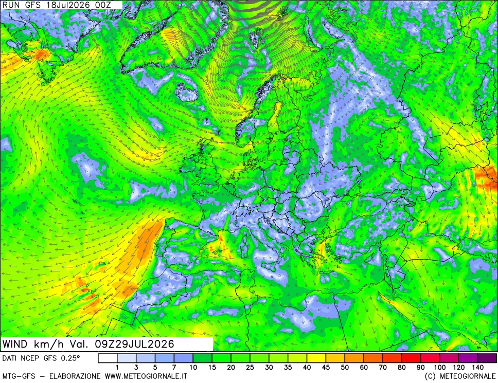 mappa 10 m Vento forza e direzione
