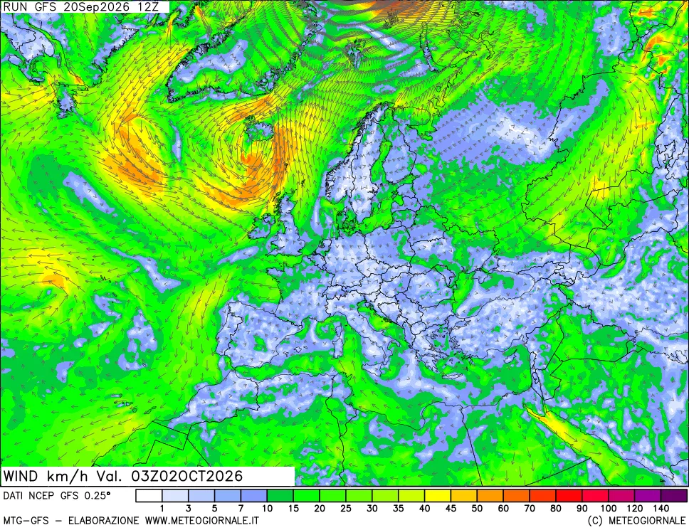 mappa 10 m Vento forza e direzione