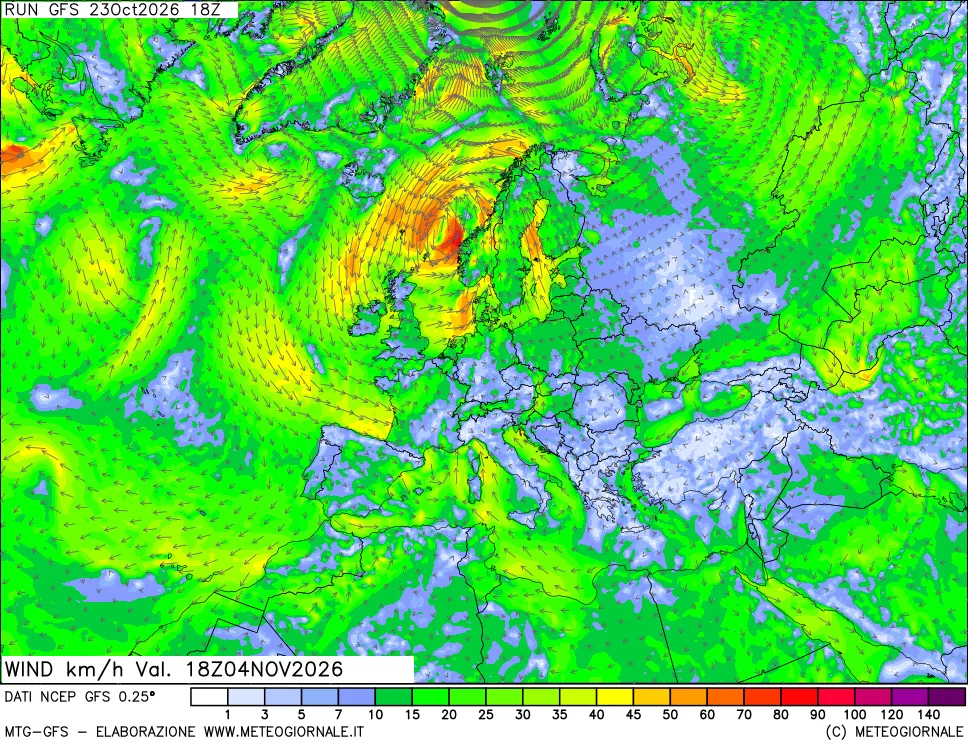 mappa 10 m Vento forza e direzione