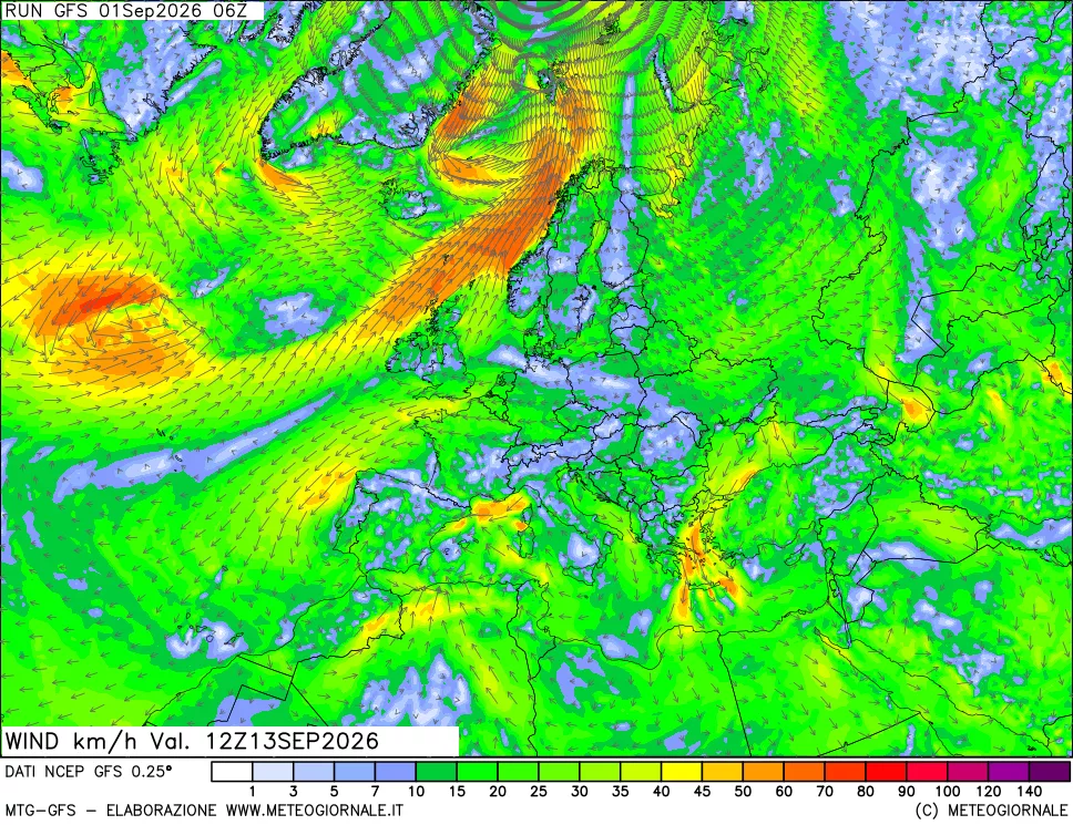 mappa 10 m Vento forza e direzione