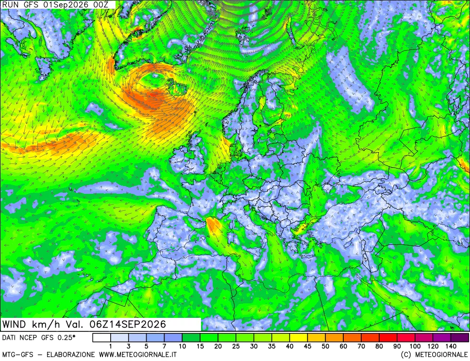 mappa 10 m Vento forza e direzione