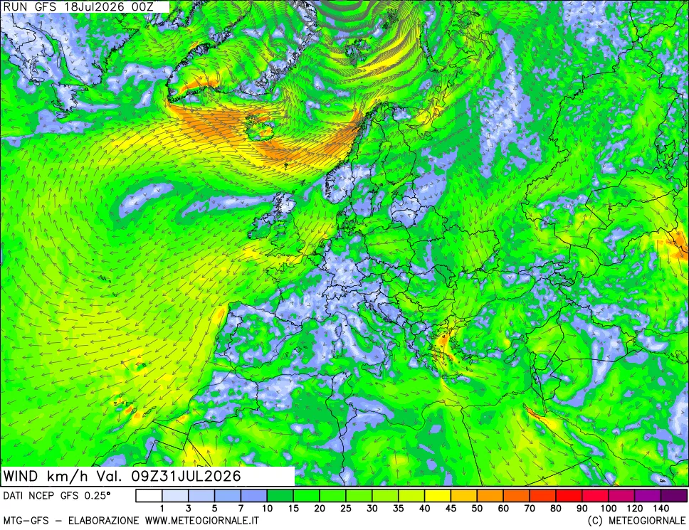 mappa 10 m Vento forza e direzione