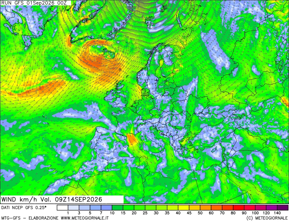 mappa 10 m Vento forza e direzione