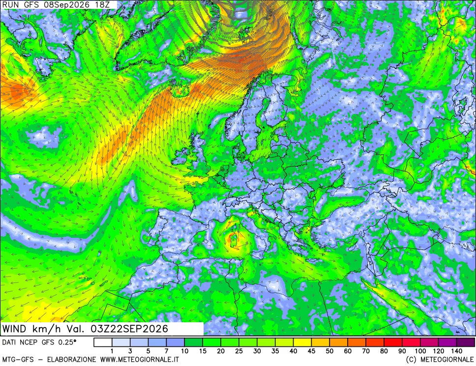 mappa 10 m Vento forza e direzione