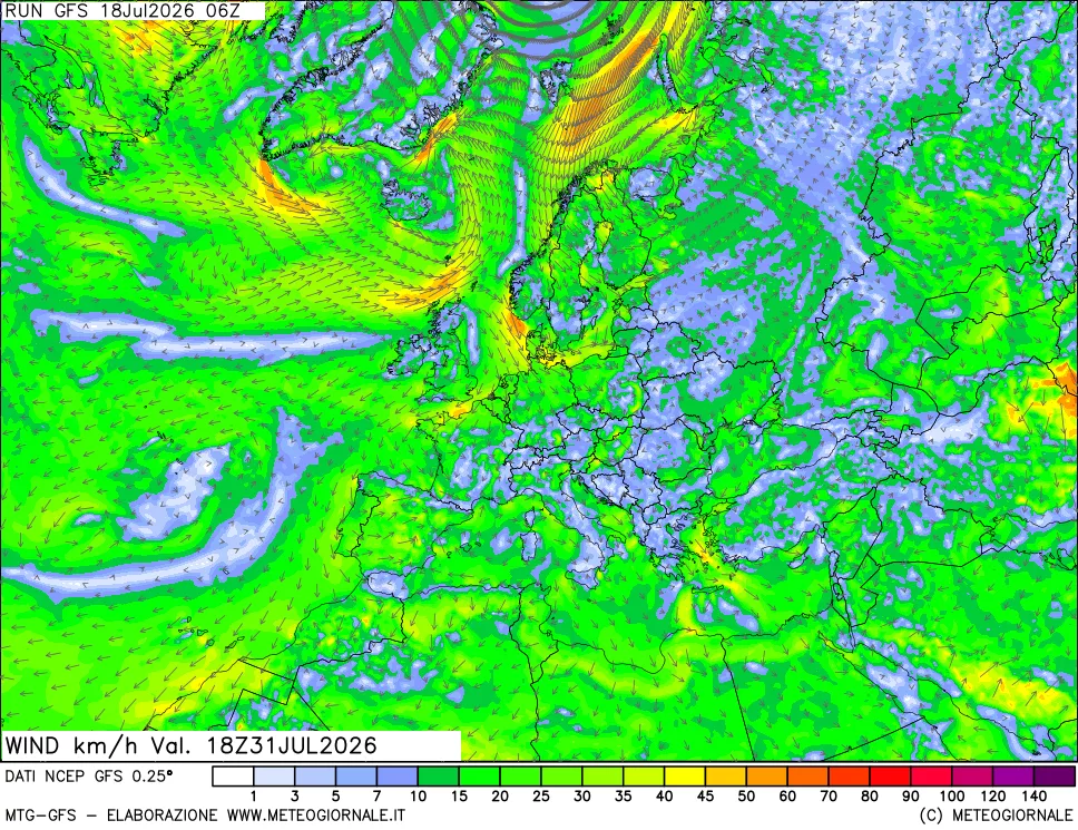 mappa 10 m Vento forza e direzione