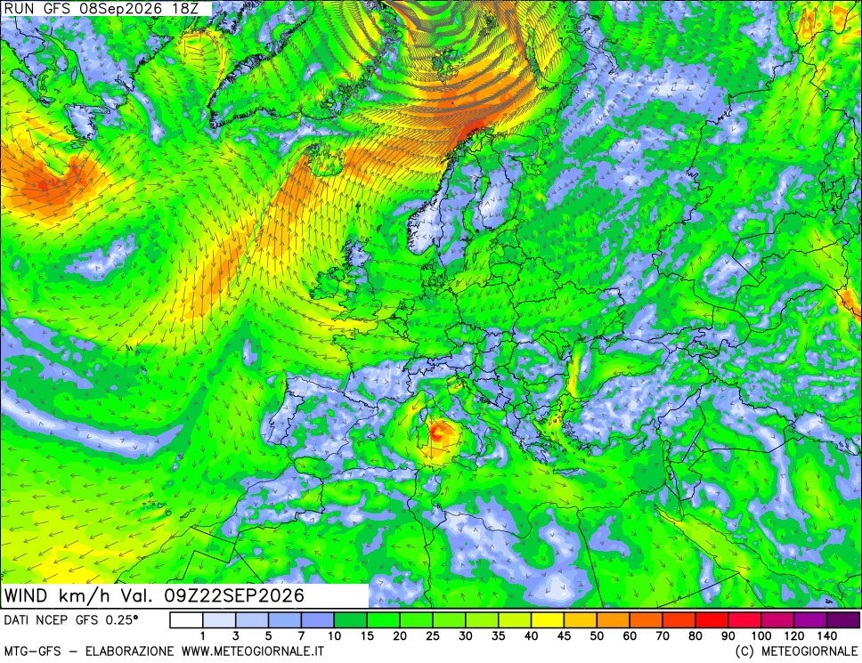 mappa 10 m Vento forza e direzione