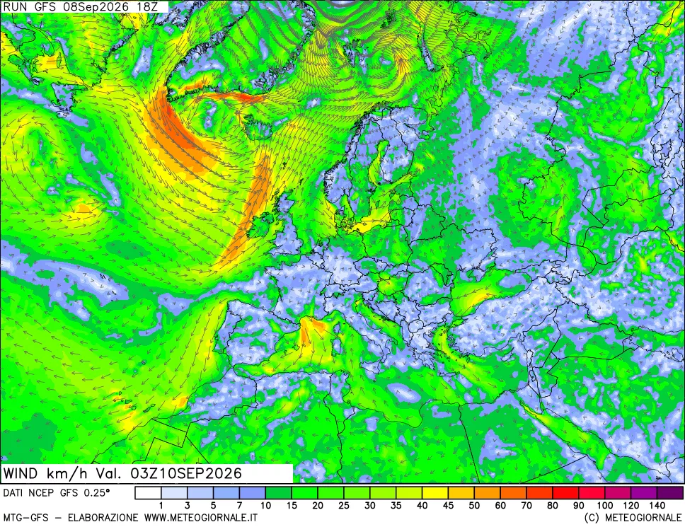 mappa 10 m Vento forza e direzione