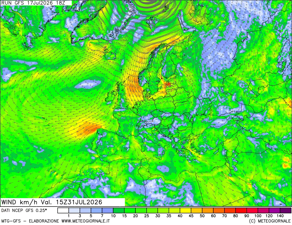 mappa 10 m Vento forza e direzione