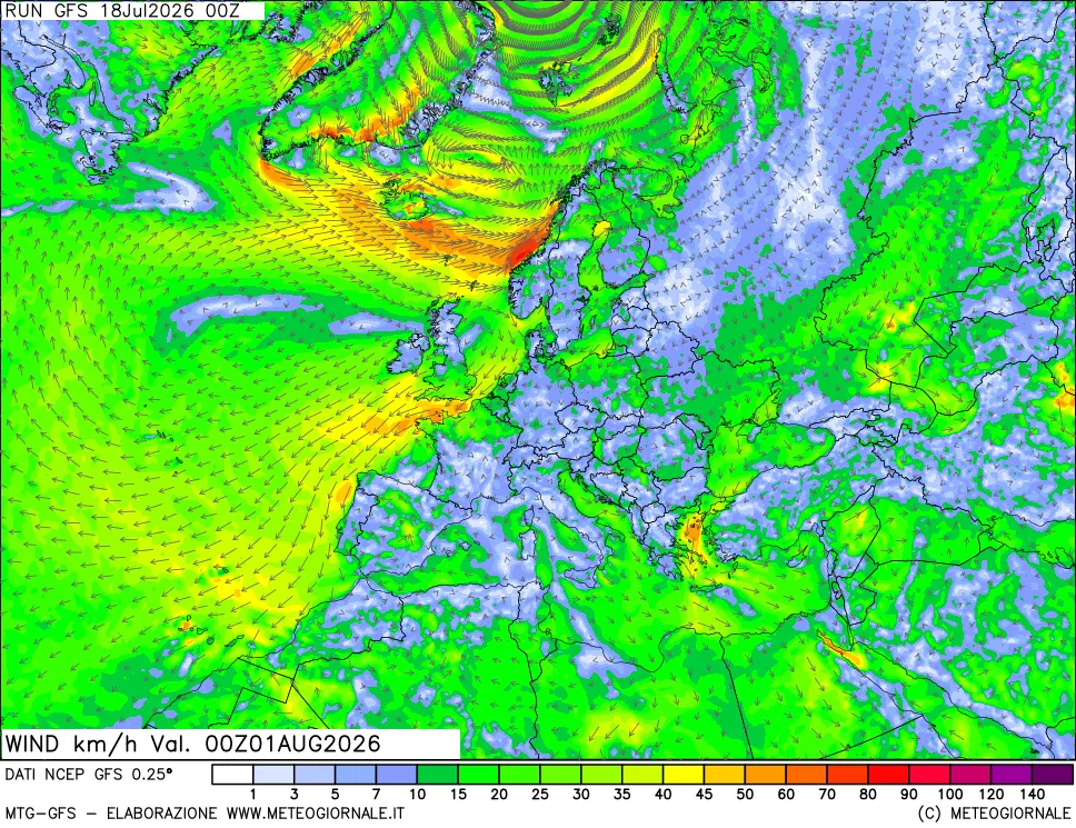 mappa 10 m Vento forza e direzione
