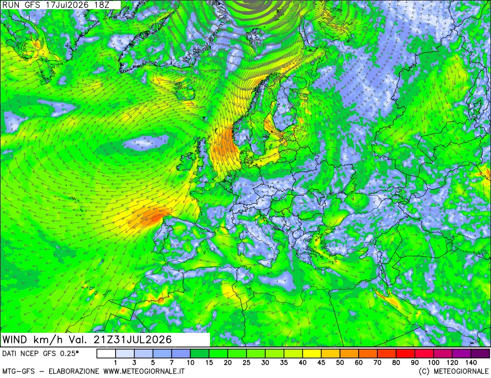 mappa 10 m Vento forza e direzione