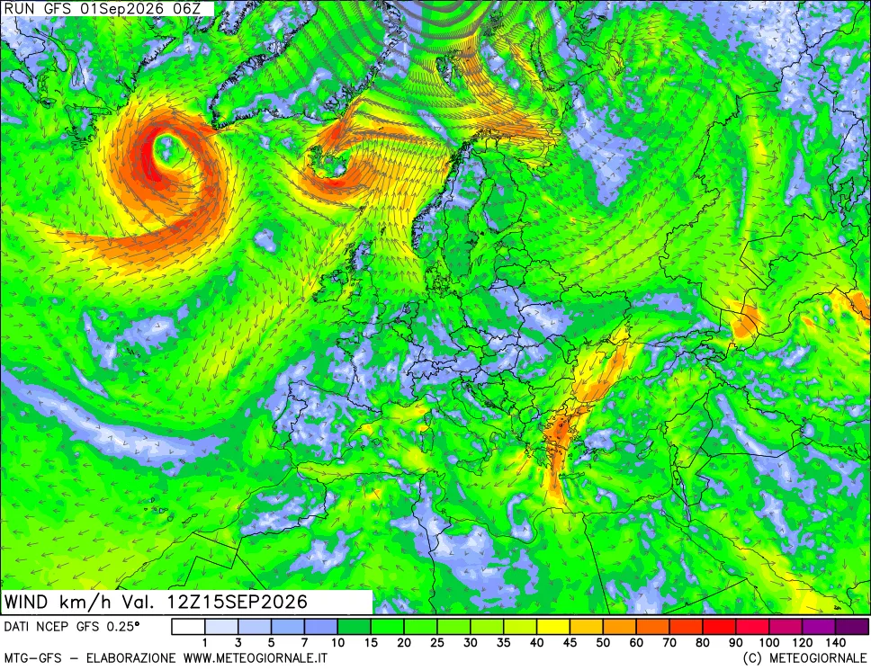 mappa 10 m Vento forza e direzione
