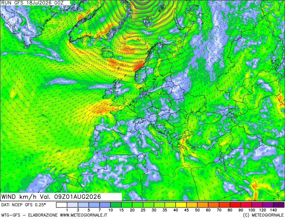 mappa 10 m Vento forza e direzione