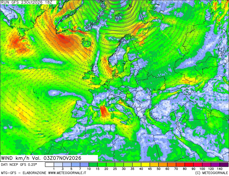 mappa 10 m Vento forza e direzione
