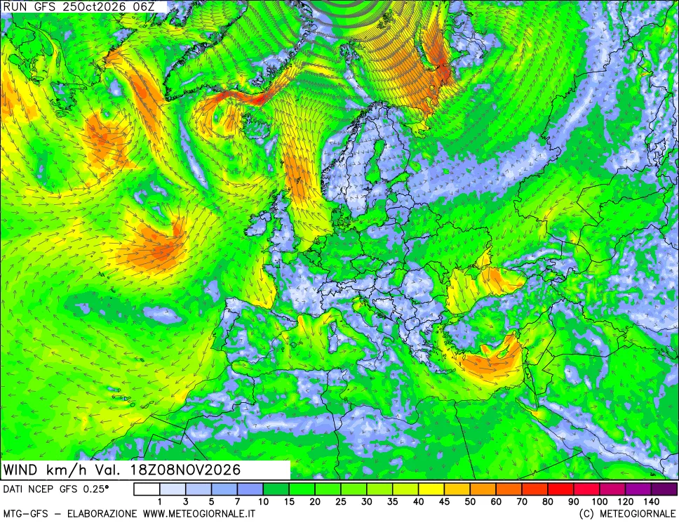 mappa 10 m Vento forza e direzione