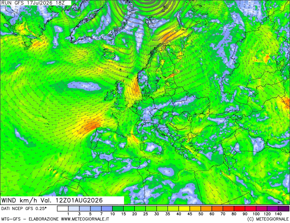 mappa 10 m Vento forza e direzione