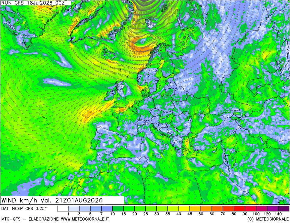 mappa 10 m Vento forza e direzione